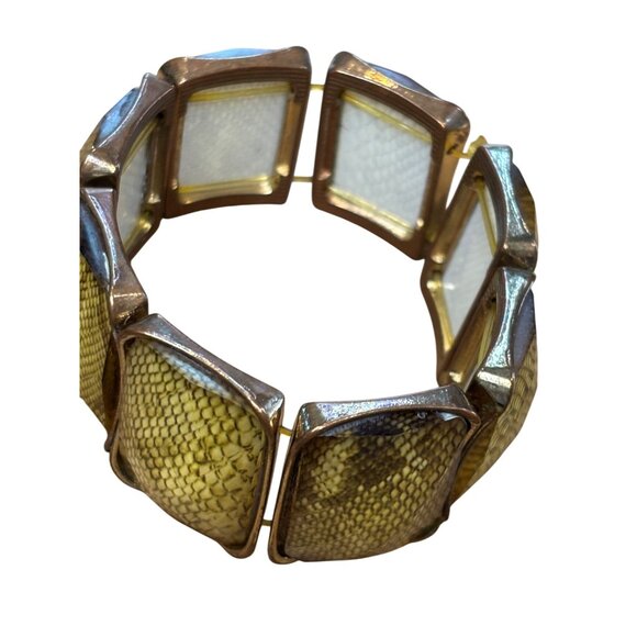 Yellow Snake Print Resin & Gold Tone Stretch Bracelet - Picture 5 of 8